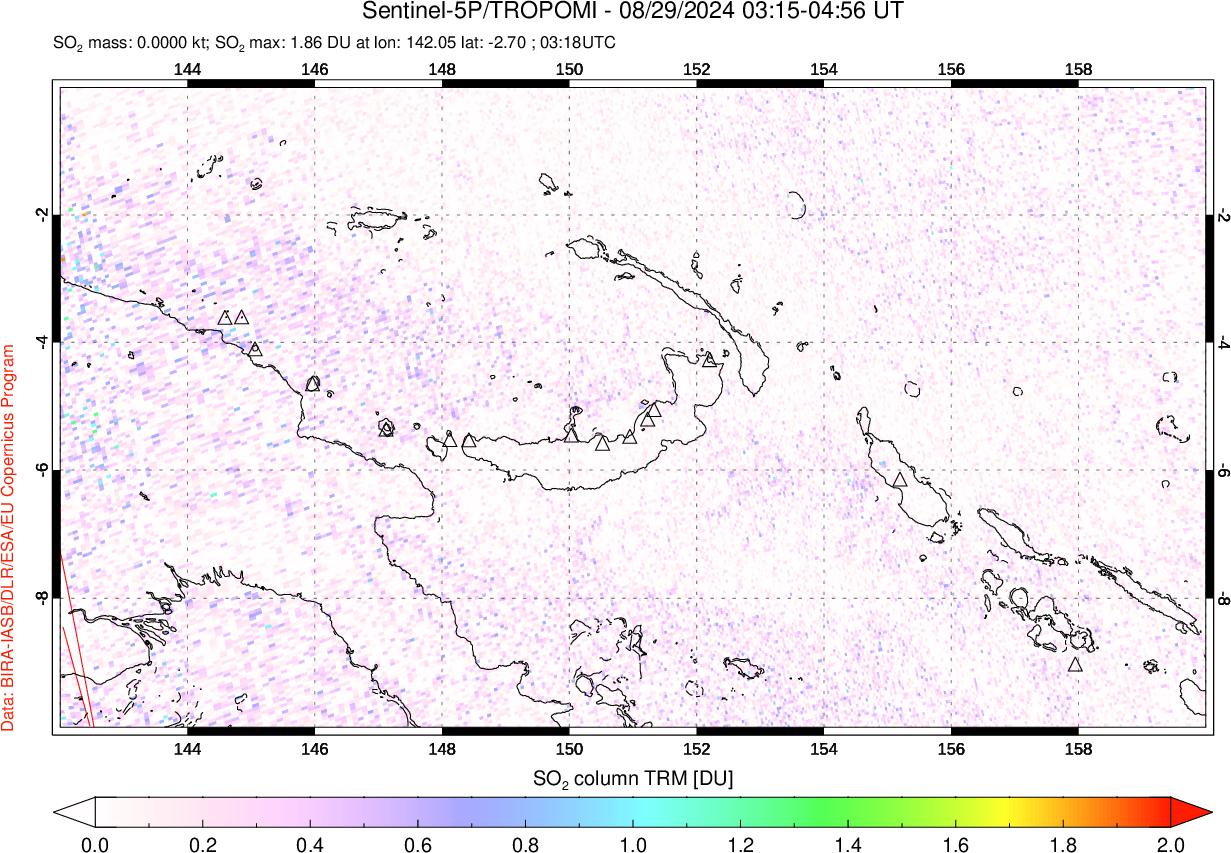 A sulfur dioxide image over Papua, New Guinea on Aug 29, 2024.