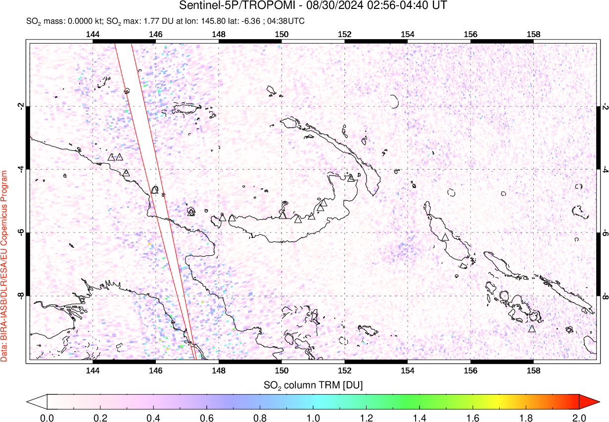 A sulfur dioxide image over Papua, New Guinea on Aug 30, 2024.