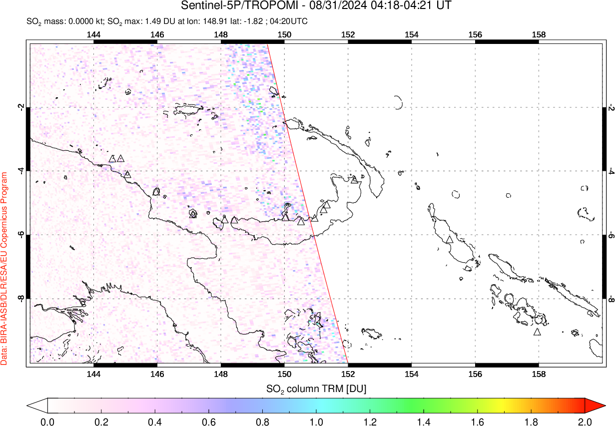 A sulfur dioxide image over Papua, New Guinea on Aug 31, 2024.