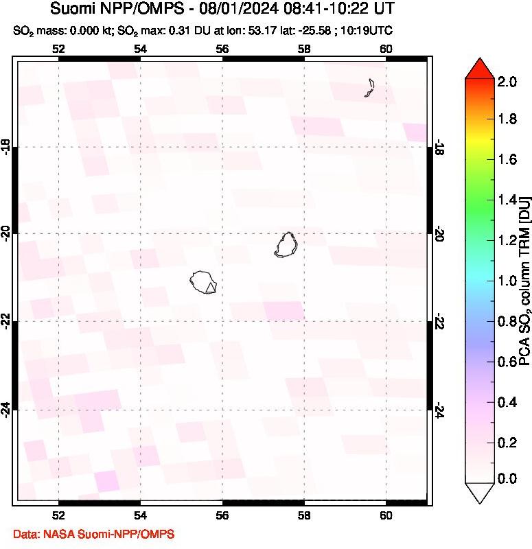 A sulfur dioxide image over Reunion Island, Indian Ocean on Aug 01, 2024.