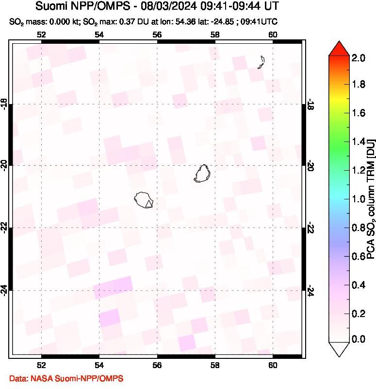 A sulfur dioxide image over Reunion Island, Indian Ocean on Aug 03, 2024.