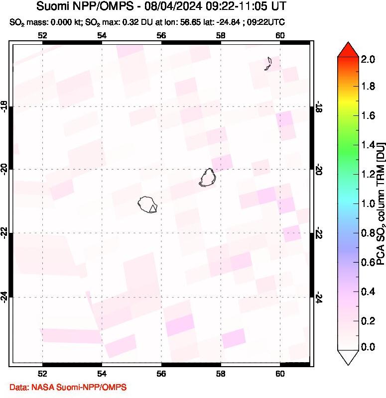 A sulfur dioxide image over Reunion Island, Indian Ocean on Aug 04, 2024.