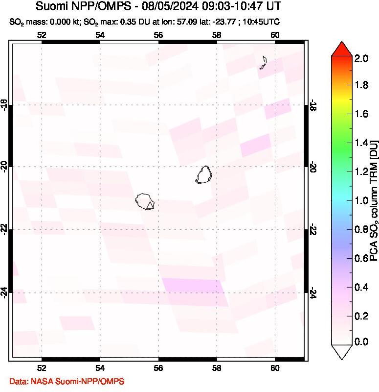 A sulfur dioxide image over Reunion Island, Indian Ocean on Aug 05, 2024.