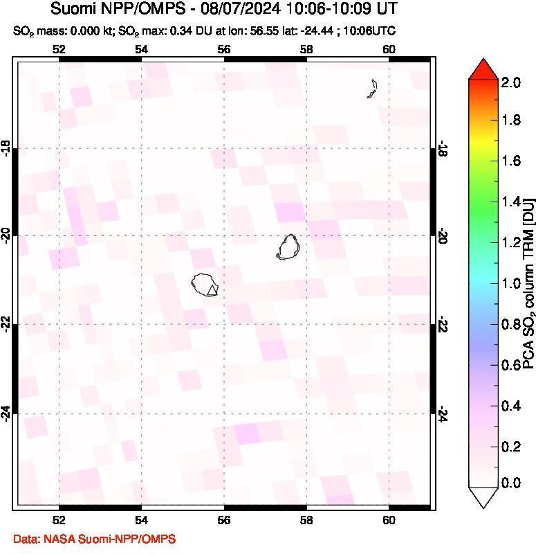 A sulfur dioxide image over Reunion Island, Indian Ocean on Aug 07, 2024.