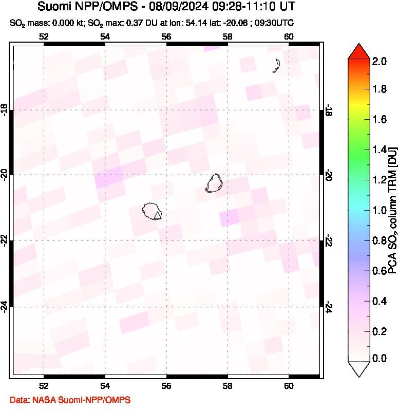 A sulfur dioxide image over Reunion Island, Indian Ocean on Aug 09, 2024.