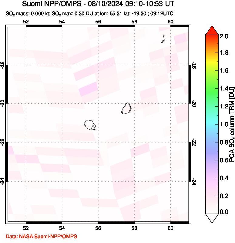 A sulfur dioxide image over Reunion Island, Indian Ocean on Aug 10, 2024.