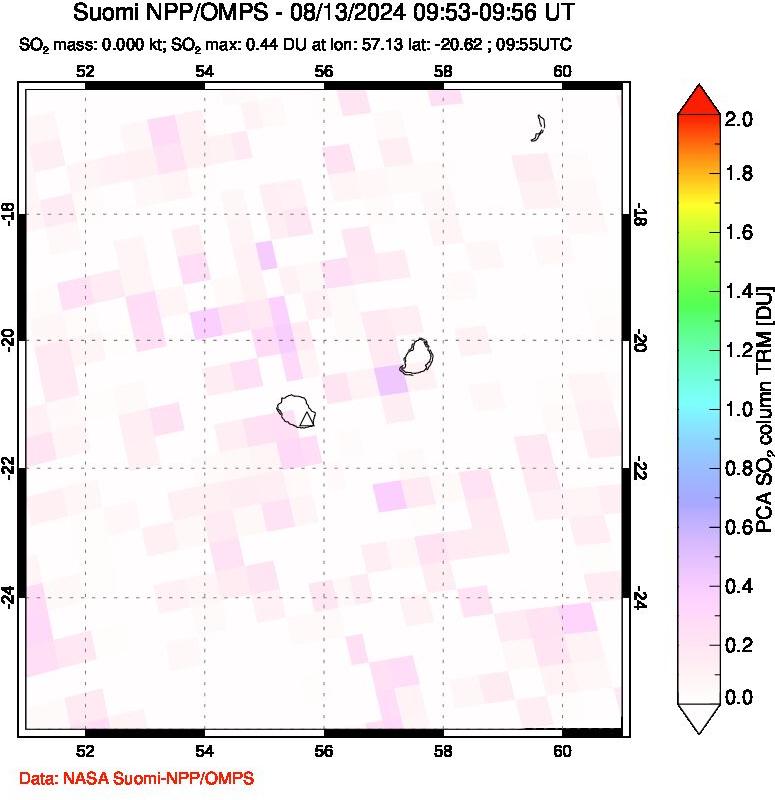 A sulfur dioxide image over Reunion Island, Indian Ocean on Aug 13, 2024.