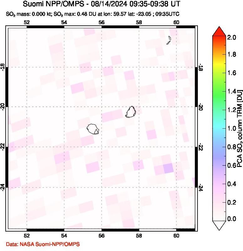 A sulfur dioxide image over Reunion Island, Indian Ocean on Aug 14, 2024.