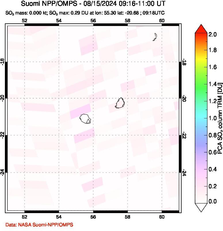 A sulfur dioxide image over Reunion Island, Indian Ocean on Aug 15, 2024.