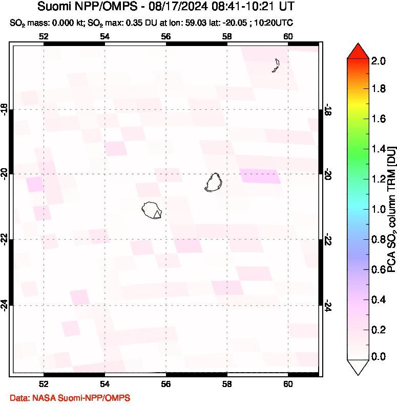 A sulfur dioxide image over Reunion Island, Indian Ocean on Aug 17, 2024.