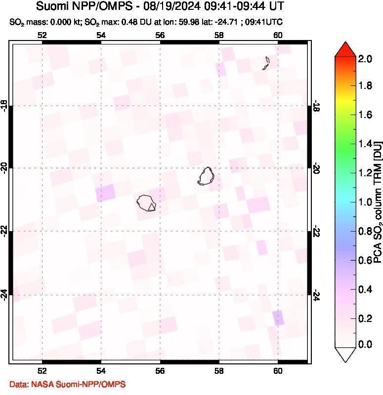 A sulfur dioxide image over Reunion Island, Indian Ocean on Aug 19, 2024.