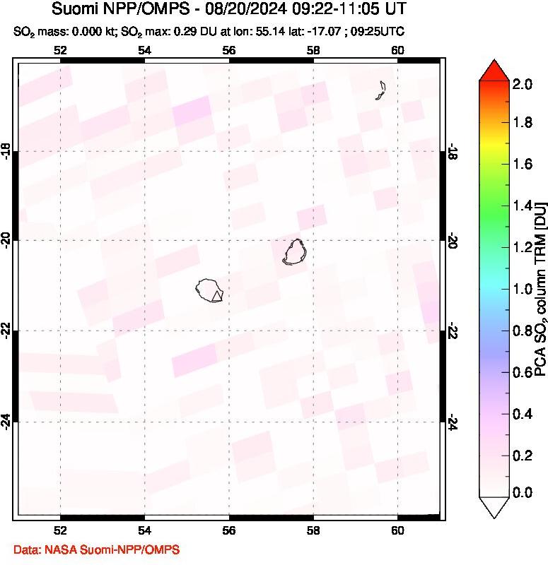 A sulfur dioxide image over Reunion Island, Indian Ocean on Aug 20, 2024.