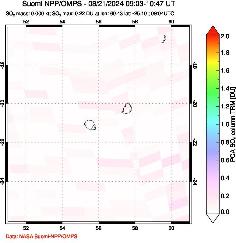 A sulfur dioxide image over Reunion Island, Indian Ocean on Aug 21, 2024.