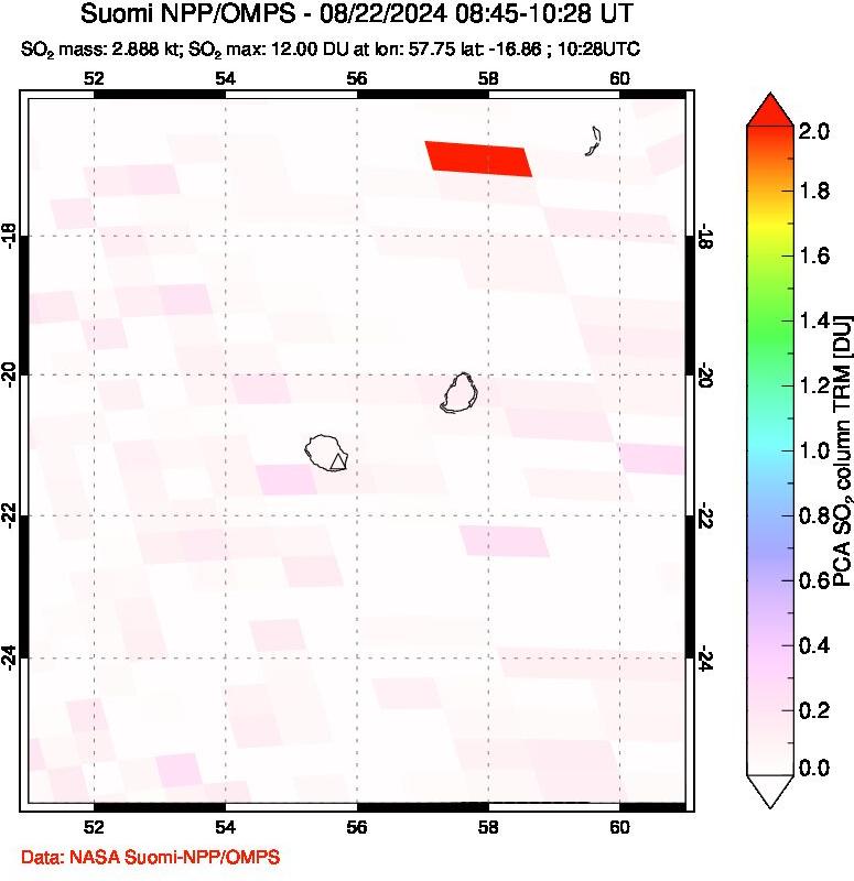 A sulfur dioxide image over Reunion Island, Indian Ocean on Aug 22, 2024.