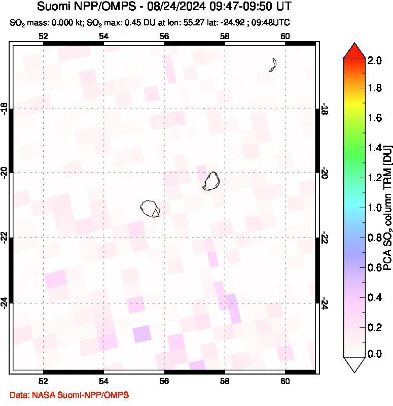 A sulfur dioxide image over Reunion Island, Indian Ocean on Aug 24, 2024.