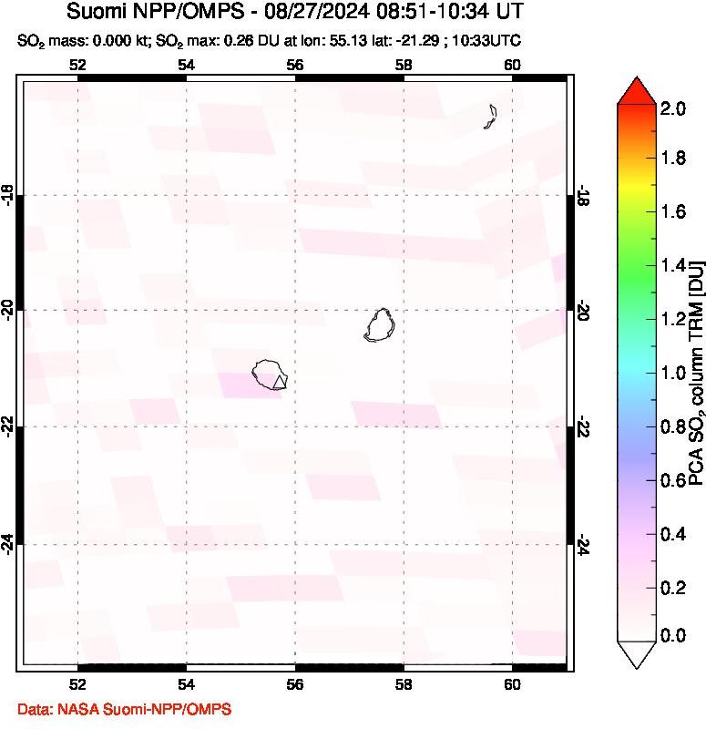 A sulfur dioxide image over Reunion Island, Indian Ocean on Aug 27, 2024.