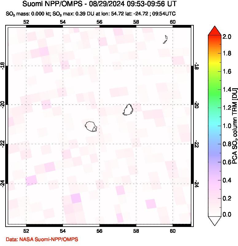 A sulfur dioxide image over Reunion Island, Indian Ocean on Aug 29, 2024.