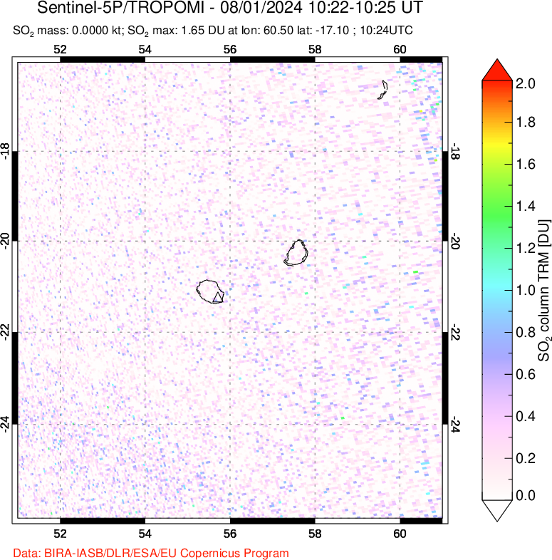 A sulfur dioxide image over Reunion Island, Indian Ocean on Aug 01, 2024.