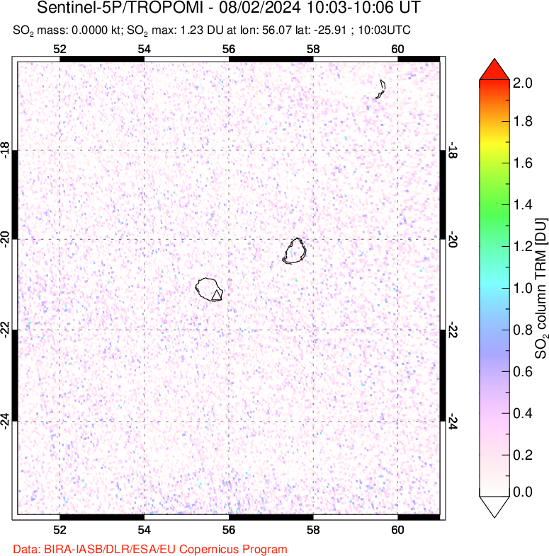 A sulfur dioxide image over Reunion Island, Indian Ocean on Aug 02, 2024.