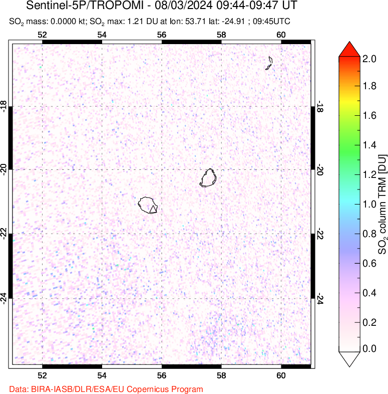 A sulfur dioxide image over Reunion Island, Indian Ocean on Aug 03, 2024.