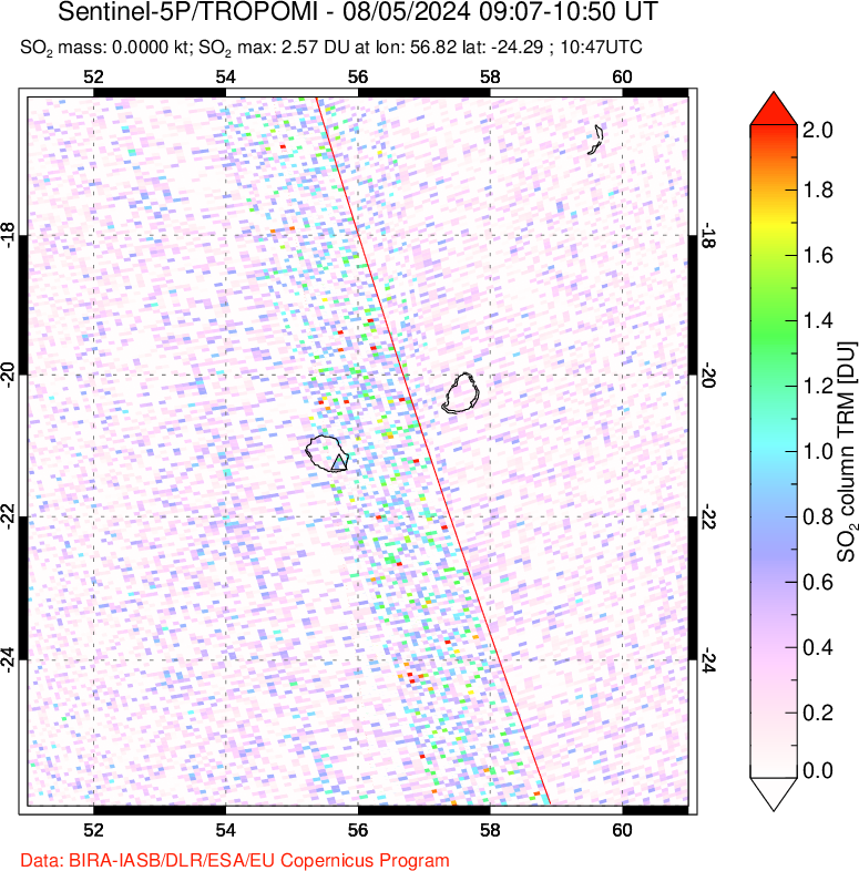 A sulfur dioxide image over Reunion Island, Indian Ocean on Aug 05, 2024.