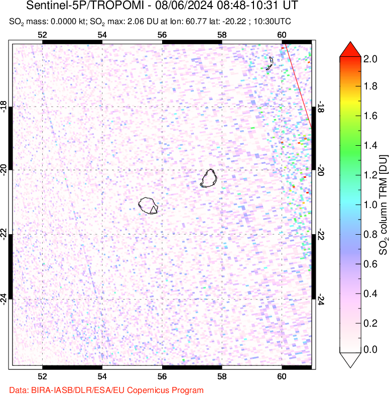 A sulfur dioxide image over Reunion Island, Indian Ocean on Aug 06, 2024.