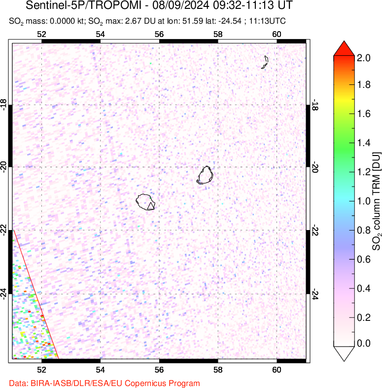 A sulfur dioxide image over Reunion Island, Indian Ocean on Aug 09, 2024.