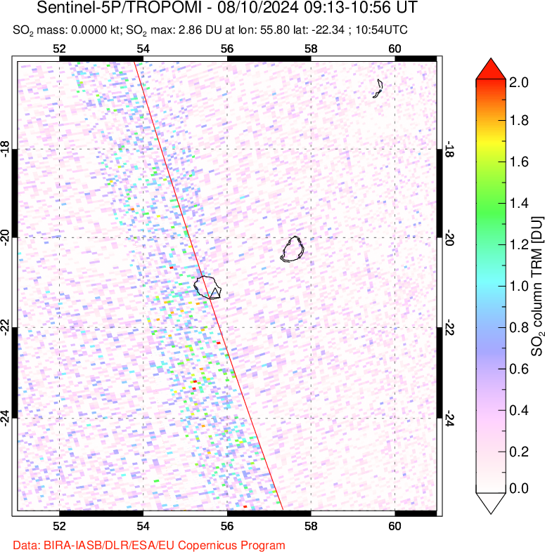 A sulfur dioxide image over Reunion Island, Indian Ocean on Aug 10, 2024.