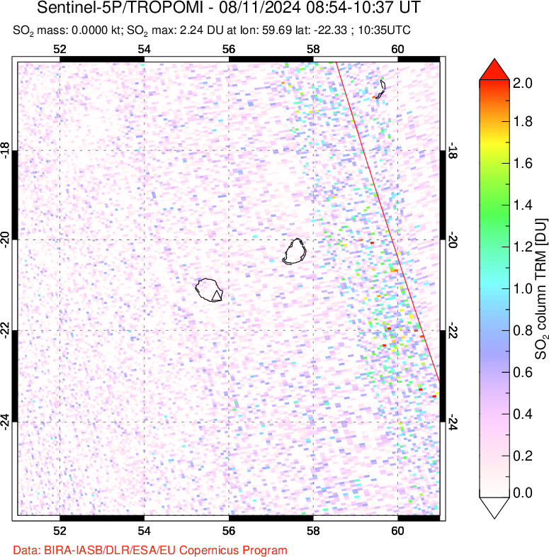 A sulfur dioxide image over Reunion Island, Indian Ocean on Aug 11, 2024.