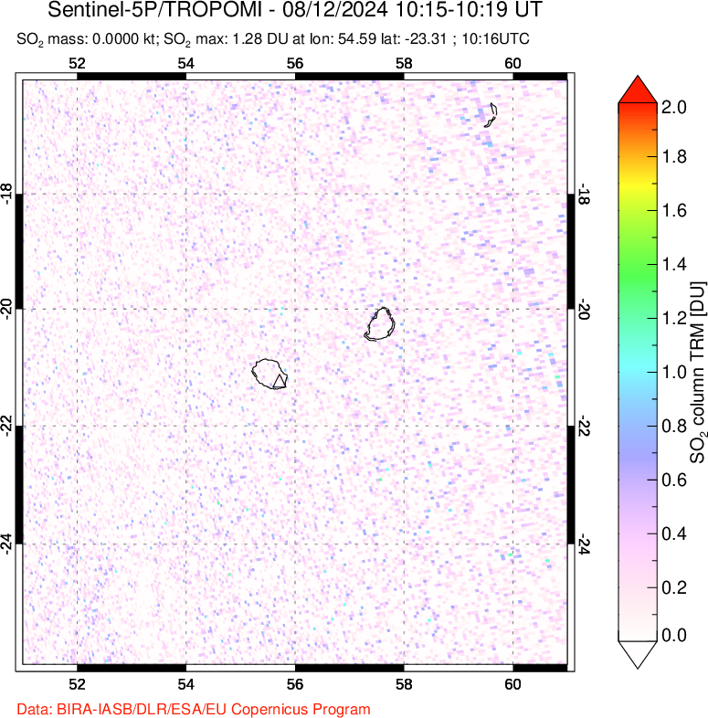 A sulfur dioxide image over Reunion Island, Indian Ocean on Aug 12, 2024.