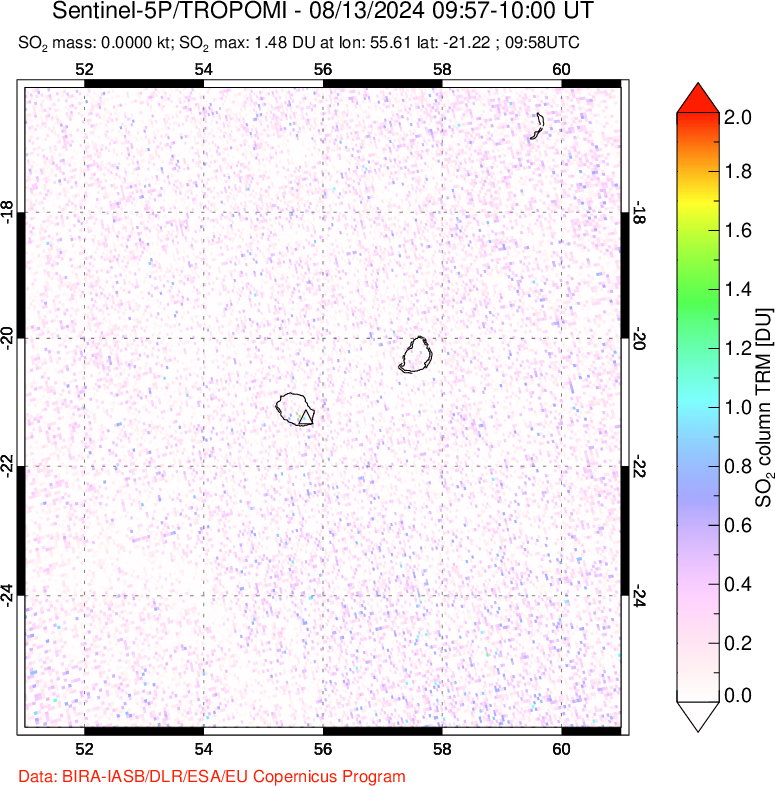 A sulfur dioxide image over Reunion Island, Indian Ocean on Aug 13, 2024.