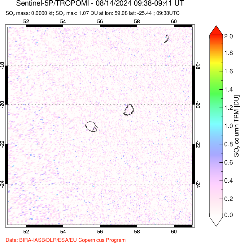 A sulfur dioxide image over Reunion Island, Indian Ocean on Aug 14, 2024.