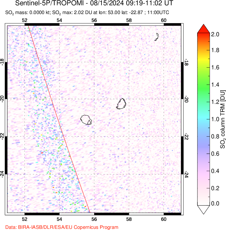 A sulfur dioxide image over Reunion Island, Indian Ocean on Aug 15, 2024.