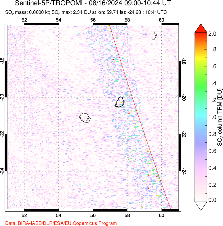 A sulfur dioxide image over Reunion Island, Indian Ocean on Aug 16, 2024.