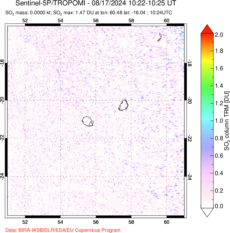 A sulfur dioxide image over Reunion Island, Indian Ocean on Aug 17, 2024.