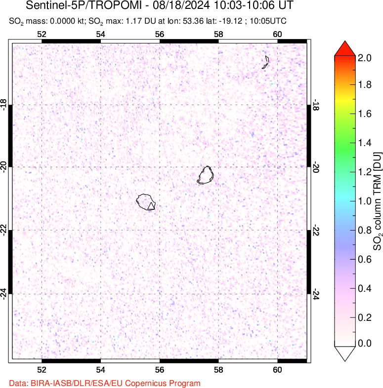 A sulfur dioxide image over Reunion Island, Indian Ocean on Aug 18, 2024.