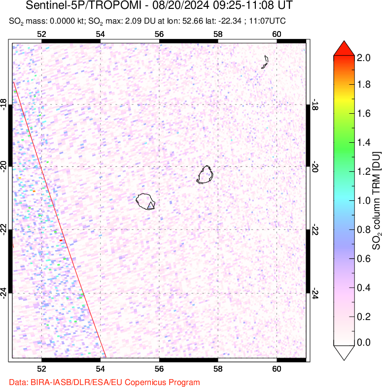 A sulfur dioxide image over Reunion Island, Indian Ocean on Aug 20, 2024.