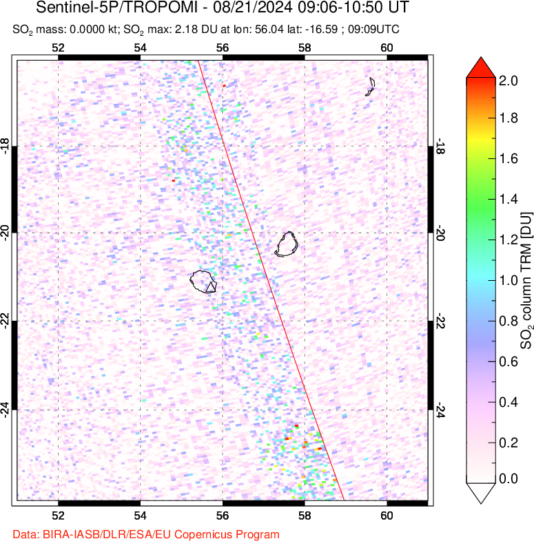 A sulfur dioxide image over Reunion Island, Indian Ocean on Aug 21, 2024.