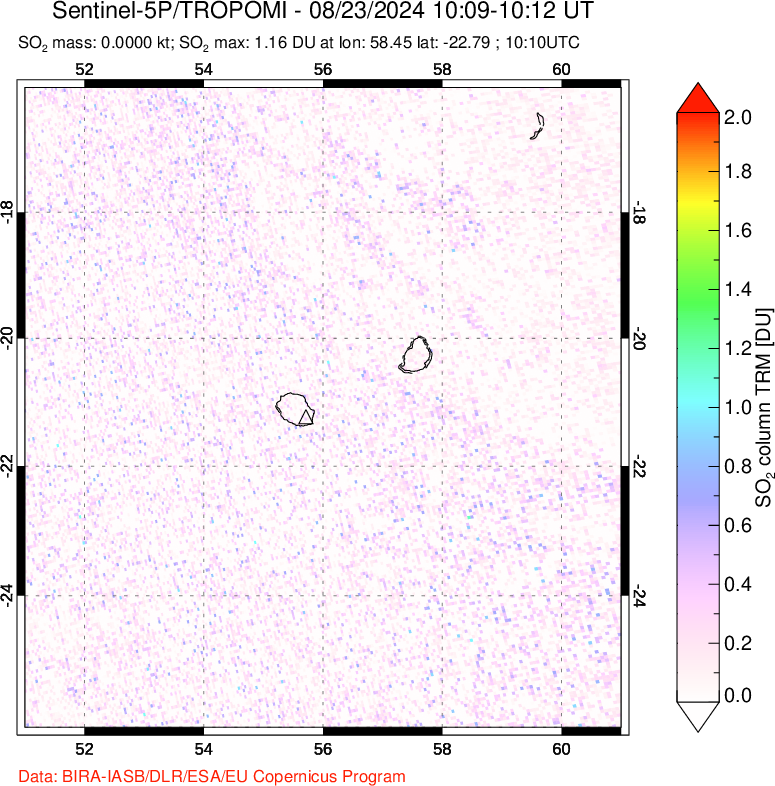 A sulfur dioxide image over Reunion Island, Indian Ocean on Aug 23, 2024.