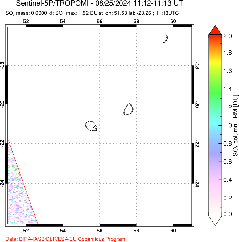 A sulfur dioxide image over Reunion Island, Indian Ocean on Aug 25, 2024.