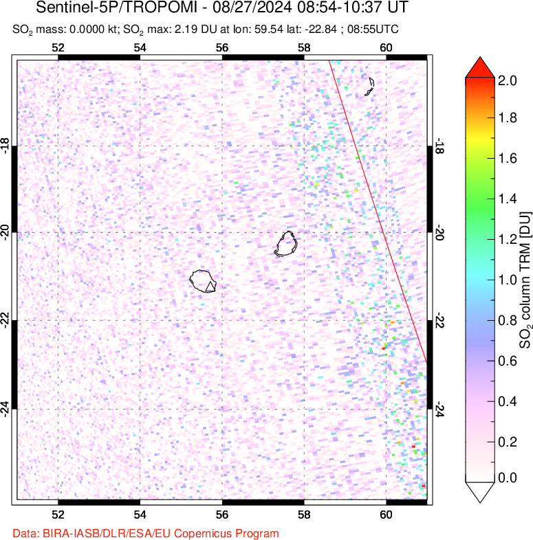 A sulfur dioxide image over Reunion Island, Indian Ocean on Aug 27, 2024.