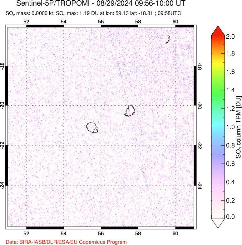 A sulfur dioxide image over Reunion Island, Indian Ocean on Aug 29, 2024.