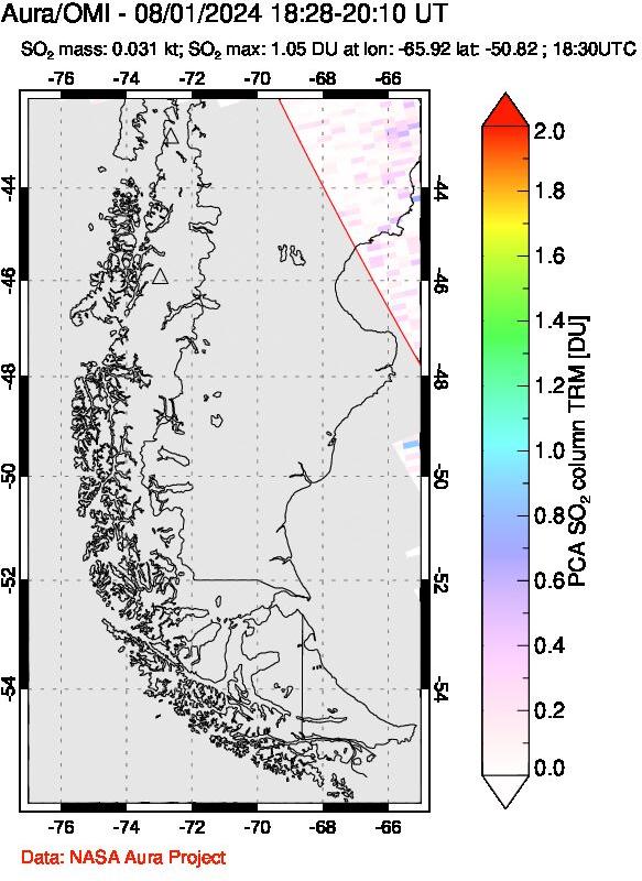 A sulfur dioxide image over Southern Chile on Aug 01, 2024.