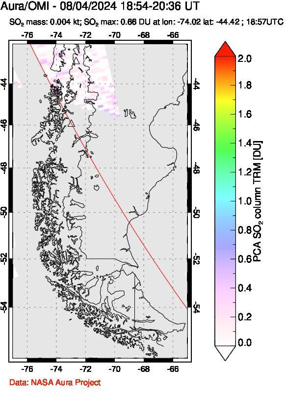 A sulfur dioxide image over Southern Chile on Aug 04, 2024.