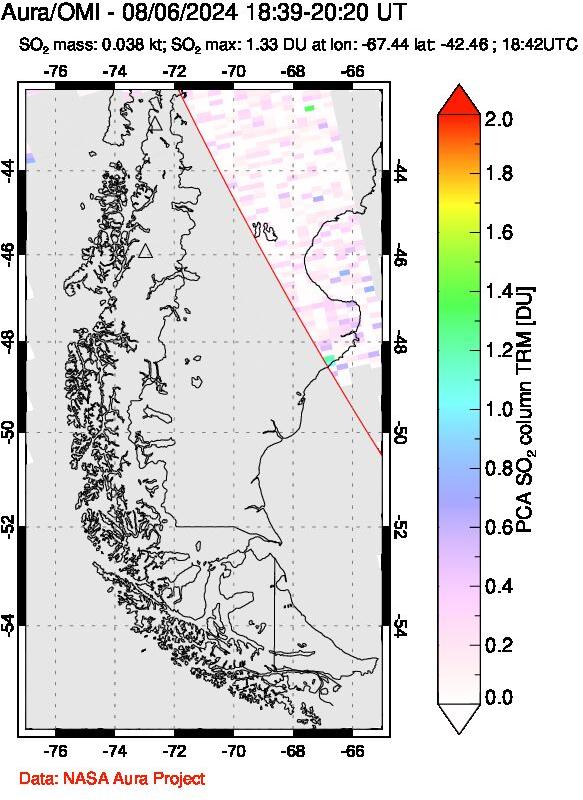 A sulfur dioxide image over Southern Chile on Aug 06, 2024.