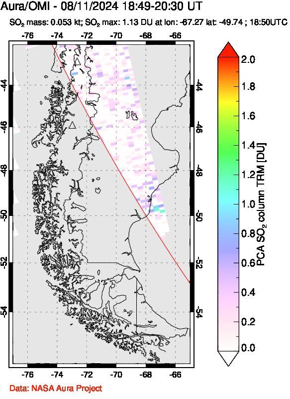 A sulfur dioxide image over Southern Chile on Aug 11, 2024.