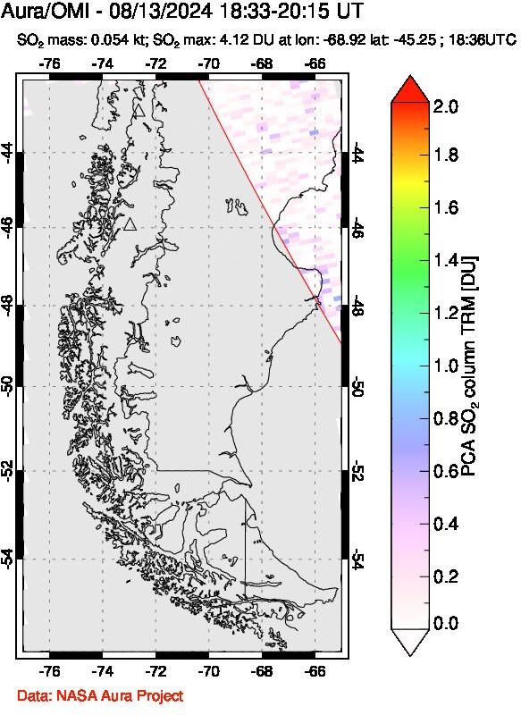 A sulfur dioxide image over Southern Chile on Aug 13, 2024.