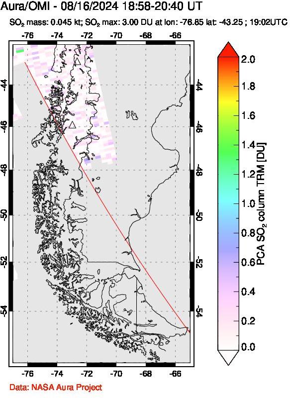 A sulfur dioxide image over Southern Chile on Aug 16, 2024.