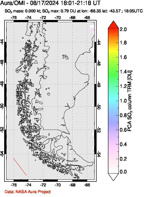 A sulfur dioxide image over Southern Chile on Aug 17, 2024.