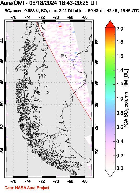 A sulfur dioxide image over Southern Chile on Aug 18, 2024.